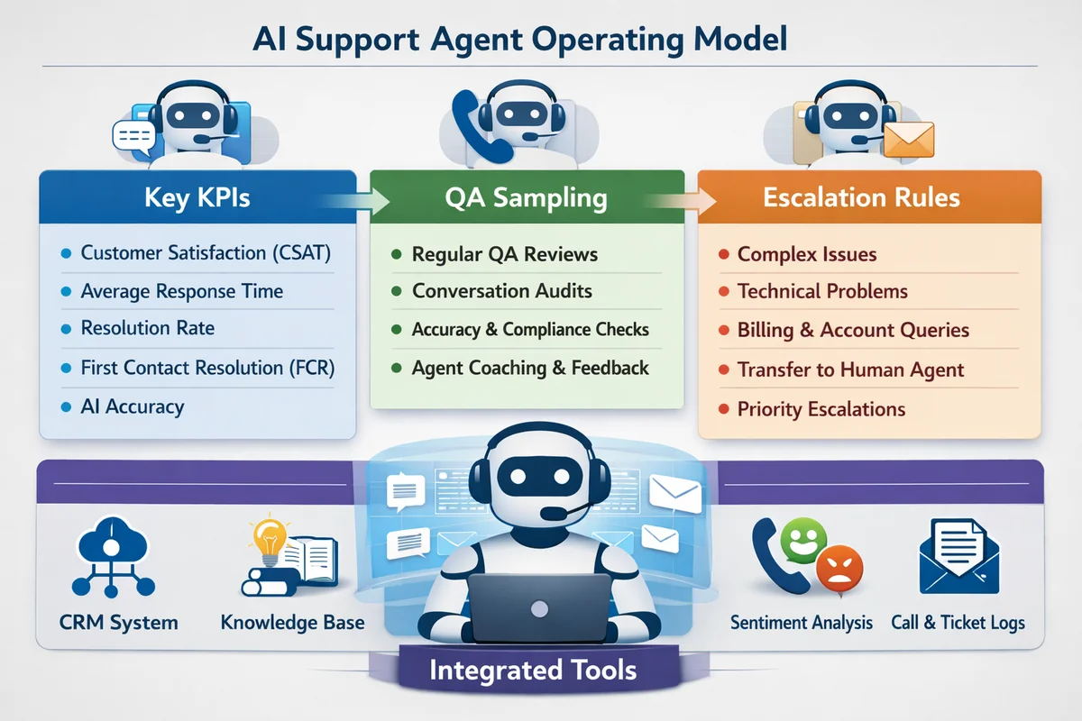 AI support agent operating model with KPIs, QA sampling, escalation rules, and integrated tools across chat voice and email.